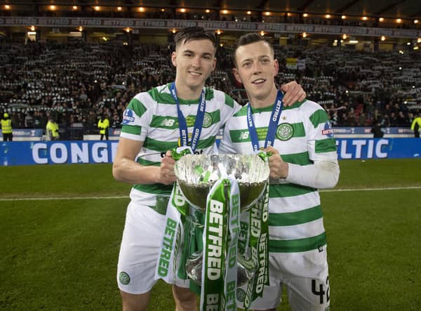 Callum McGregor celebrates Celtic's 2018 Betfred Cup win with Kieran Tierney and is now enjoying watching the full-back in his role as Arsenal main man in the docuseries going behind the scenes at the London club. (Photo by Craig Williamson/SNS Group).