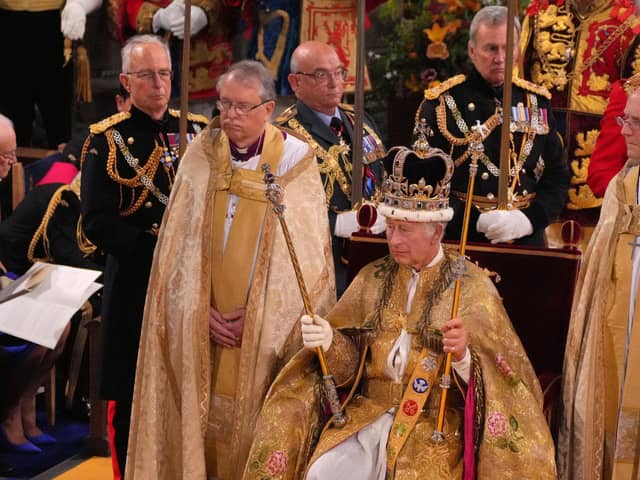 King Charles III during his coronation at Westminster Abbey. Image: Aaron Chown/Press Association.