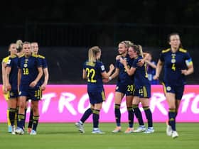 The Scotland team celebrate Martha Thomas' goal against Ukraine in June (Photo by Adam Nurkiewicz/Getty Images)