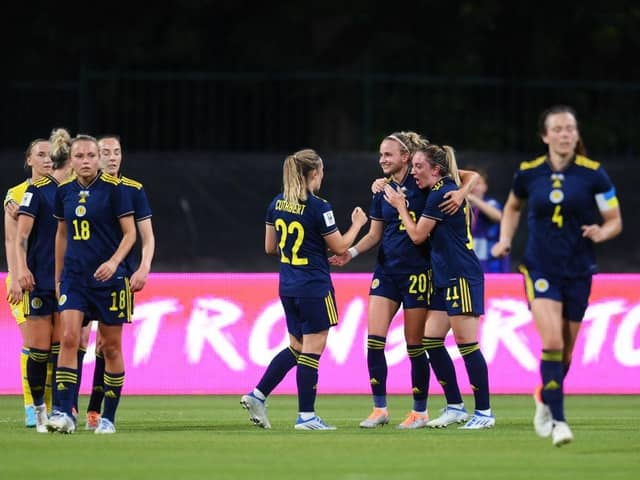 The Scotland team celebrate Martha Thomas' goal against Ukraine in June (Photo by Adam Nurkiewicz/Getty Images)