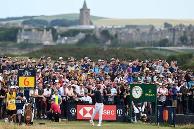 Victor Hovland tee’soff at the sixth on the Old Course. Picture: Ian Rutherford.