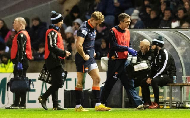 Edinburgh winger Duhan van der Merwe had to go off in the second half against Glasgow Warriors with what looked like an ankle injury (Photo by Mark Scates / SNS Group)