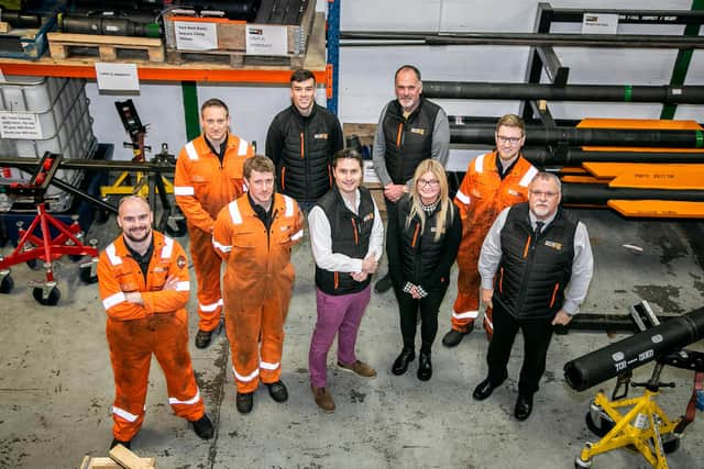 L-R: Alex MacGill (Operations Supervisor), Chris Johnstone (Operations Manager), Jonas Taverne (Operations Supervisor), Mark Elder (Business Development Engineer), Tristam Horn (CEO), Gerry Cantwell (Workshop Supervisor), Lori Angus (Business Administrator), Gregor McLellan (Graduate Engineer), and Steve Bruce (Chairman and Chief Technology Officer). Picture: Rory Raitt