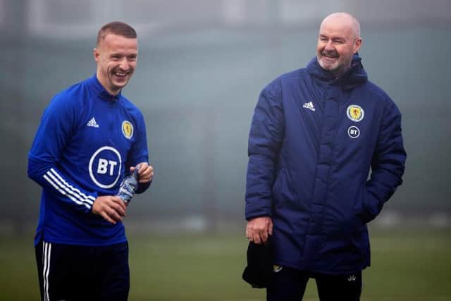 Manager Steve Clarke with Leigh Griffiths during Scotland training at Oriam on November 9, 2020 (Photo by Craig Williamson / SNS Group)