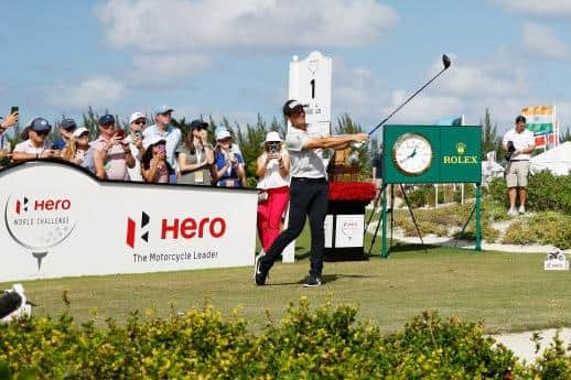 Viktor Hovland tees off in the final round of the Hero World Challenge at Albany Golf Course in Nassau, Bahamas. Picture: Mike Ehrmann/Getty Images.