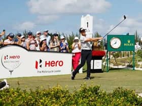 Viktor Hovland tees off in the final round of the Hero World Challenge at Albany Golf Course in Nassau, Bahamas. Picture: Mike Ehrmann/Getty Images.