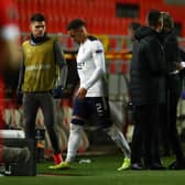 ANTWERPEN, BELGIUM - FEBRUARY 18: James Tavernier of Rangers leaves the field after being substituted during the UEFA Europa League Round of 32 match between Royal Antwerp FC and Rangers FC at Bosuilstadion on February 18, 2021 in Antwerpen, Belgium.