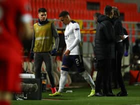 ANTWERPEN, BELGIUM - FEBRUARY 18: James Tavernier of Rangers leaves the field after being substituted during the UEFA Europa League Round of 32 match between Royal Antwerp FC and Rangers FC at Bosuilstadion on February 18, 2021 in Antwerpen, Belgium.