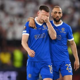 Rangers midfielder Aaron Ramsey is consoled by Kemar Roofe after missing the decisive penalty in the shoot-out as Eintracht Frankfurt won the Europa League final. (Photo by Justin Setterfield/Getty Images)