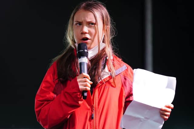 Climate activist Greta Thunberg speaks on the main stage in George Square as part of the Fridays for Future Scotland march during the Cop26 summit in Glasgow last November. Picture: Jane Barlow/PA Wire