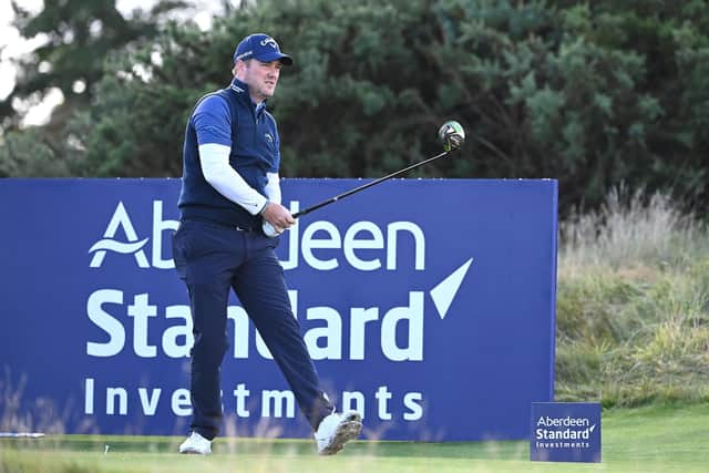 Marc Warren tees off on the second hole during the final round of the Aberdeen Standard Investments Scottish Open at The Renaissance Club. Picture: Ross Kinnaird/Getty Images