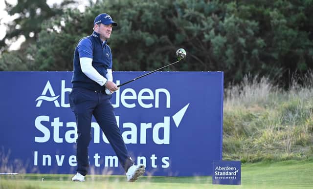 Marc Warren tees off on the second hole during the final round of the Aberdeen Standard Investments Scottish Open at The Renaissance Club. Picture: Ross Kinnaird/Getty Images