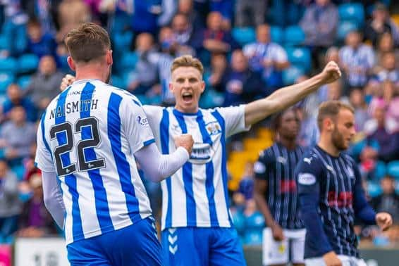 Kilmarnock's Jason Naismith scores to make it 2-1 during an SPFL Trust Trophy match between Kilmarnock and Falkirk at Rugby Park, on September 04, 2021, in Kilmarnock, Scotland (Photo by Roddy Scott / SNS Group)