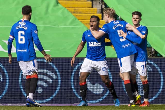 Rangers' Alfredo Morelos celebrates his goal with teammates  during the Scottish Premiership match between Celtic and Rangers at Celtic Park, on March 21, 2021, in Glasgow, Scotland. (Photo by Alan Harvey / SNS Group)