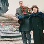 Mark Lazarowicz and Lesley Hinds on their visit to Kyiv, laying flowers at Babi Yar, the site of a massacre carried out by Nazi forces during the Second World War.