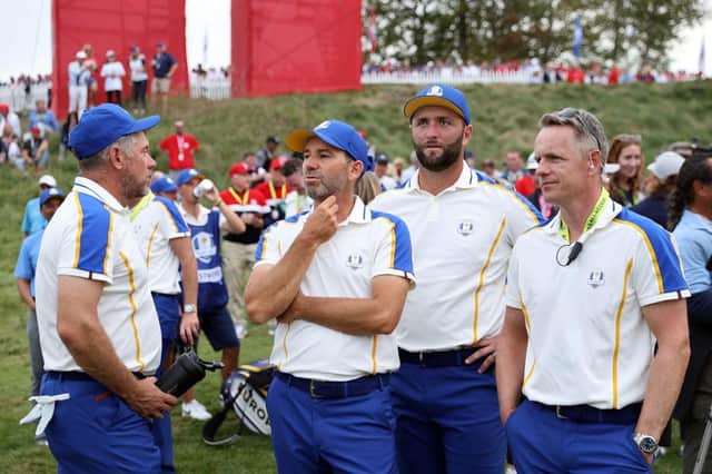 Luke Donald, who was one of Europe's vice-captains, pictured with Lee Westwood, Jon Rahm and Sergio Garcia during the 2021 Ryder Cup at Whistling Straits in Kohler, Wisconsin. Picture: Warren Little/Getty Images.