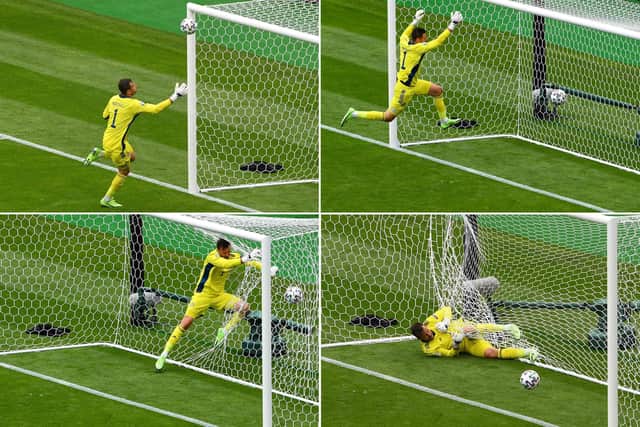 Scotland's goalkeeper David Marshall conceding a second goal to Czech Republic during the UEFA EURO 2020 Group D football match between Scotland and Czech Republic at Hampden Park in Glasgow on June 14, 2021. (Photo by ANDY BUCHANAN / POOL / AFP) (Photo by ANDY BUCHANAN/POOL/AFP via Getty Images)