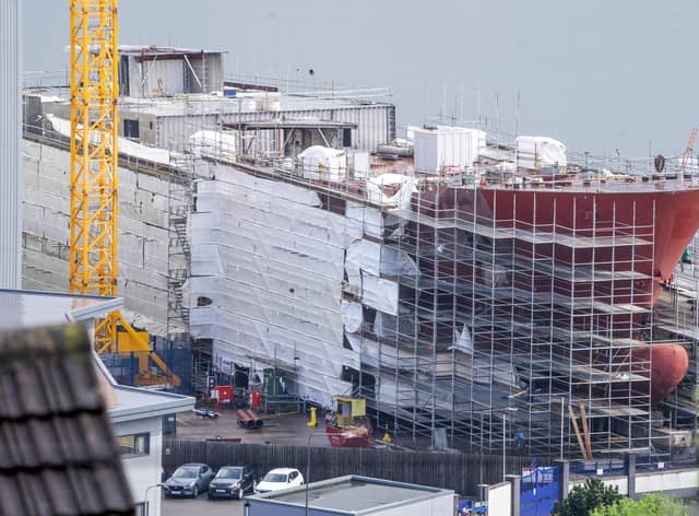 One of two Caledonian Macbrayne ferries being built in the Ferguson Marine shipyard in Port Glasgow, Inverclyde.