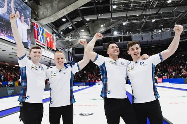 Scotland celebrate their win over Canada at the World Championships.