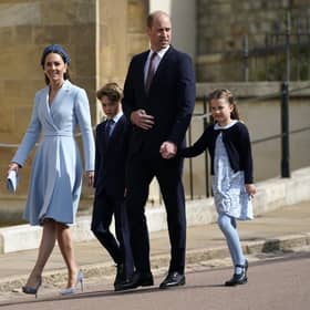 The Duke and Duchess of Cambridge with Prince George and Princess Charlotte attending the Easter Mattins Service at St George's Chapel at Windsor Castle in Berkshire. Picture date: Sunday April 17, 2022.