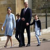 The Duke and Duchess of Cambridge with Prince George and Princess Charlotte attending the Easter Mattins Service at St George's Chapel at Windsor Castle in Berkshire. Picture date: Sunday April 17, 2022.