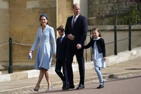 The Duke and Duchess of Cambridge with Prince George and Princess Charlotte attending the Easter Mattins Service at St George's Chapel at Windsor Castle in Berkshire. Picture date: Sunday April 17, 2022.