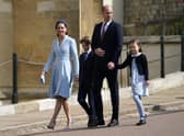 The Duke and Duchess of Cambridge with Prince George and Princess Charlotte attending the Easter Mattins Service at St George's Chapel at Windsor Castle in Berkshire. Picture date: Sunday April 17, 2022.