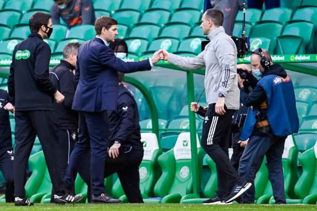 Rangers manager Steven Gerrard (L) says he agrees with Celtic interim manager John Kennedy on SFA inconsistencies - and highlighted differing punishments dished out by the authorities this season. (Photo by Rob Casey / SNS Group)