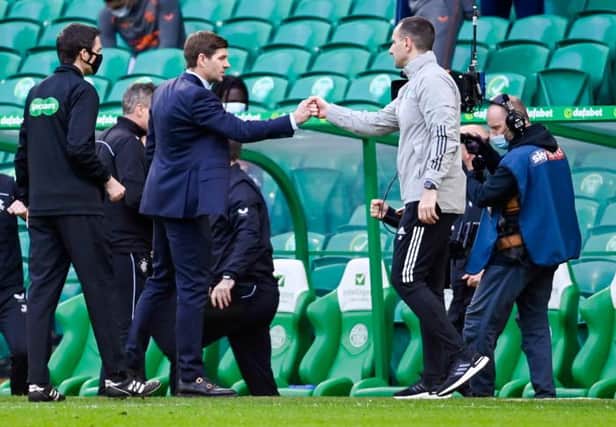 Rangers manager Steven Gerrard (L) says he agrees with Celtic interim manager John Kennedy on SFA inconsistencies - and highlighted differing punishments dished out by the authorities this season. (Photo by Rob Casey / SNS Group)