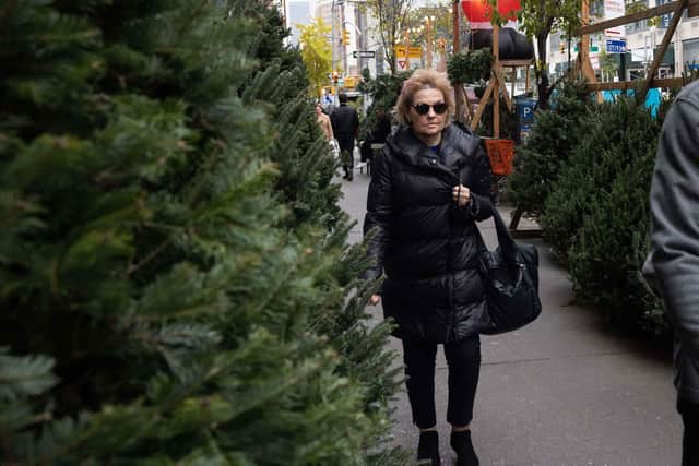 People walk past a Christmas tree market. Picture: Yuki Iwamura/AFP via Getty Images