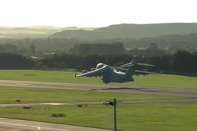 The RAF Globemaster C-17 carrying the Queen's coffin takes off from Edinburgh Airport: Picture: BBC