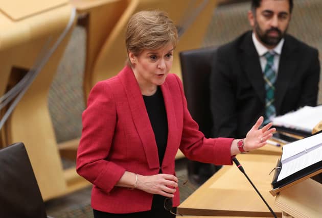 First Minister Nicola Sturgeon during First Minister's Questions in the debating chamber of the Scottish Parliament in Edinburgh.