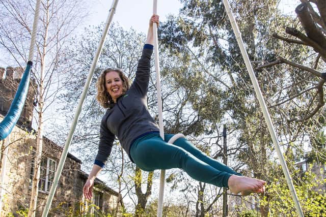 Scottish Greens Party Co-Leader Lorna Slater shows off her trapeze skills. Picture: Lisa Ferguson