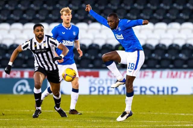 Rangers Glen Kamara in action as Jon Obika watches on during a Scottish Premiership match between St Mirren and Rangers at the SMISA Stadium, on December 30, 2020, in Paisley, Scotland. (Photo by Alan Harvey / SNS Group)