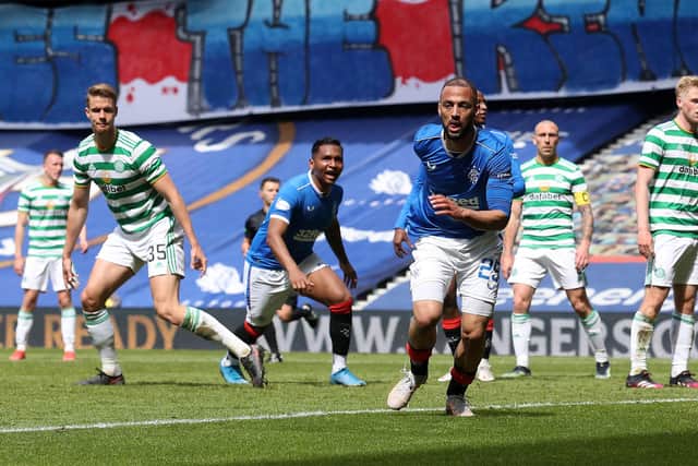 Kemar Roofe, pictured celebrating making it 3-1 against Celtic at Ibrox on Sunday, has enjoyed a productive first season at Rangers with 16 goals to his credit. (Photo by Ian MacNicol/Getty Images)