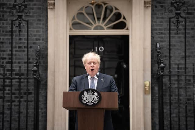 Prime Minister Boris Johnson reads a statement outside 10 Downing Street, London, formally resigning as Conservative Party leader after ministers and MPs made clear his position was untenable. He will remain as Prime Minister until a successor is in place. Picture date: Thursday July 7, 2022.