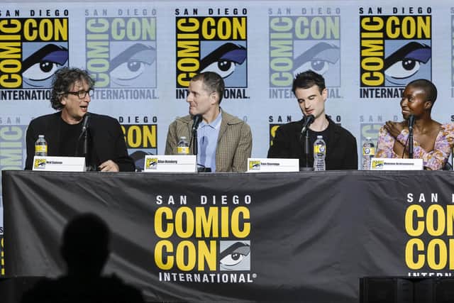 Neil Gaiman, Allan Heinberg, Tom Sturridge, and Vivienne Acheampong speak onstage during "The Sandman" special video presentation and Q&A panel during 2022 Comic Con International: San Diego at San Diego Convention Center on July 23, 2022 in San Diego, California. (Photo by Kevin Winter/Getty Images)