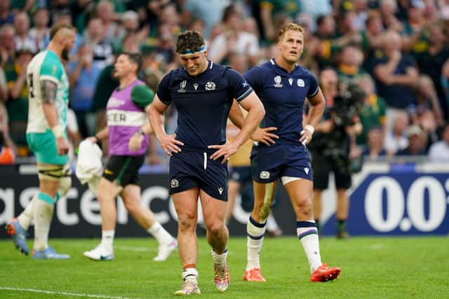 Scotland's Rory Darge (left) and Duhan van der Merwe look on during the defeat by South Africa in Marseille.