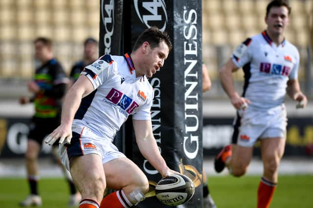 Edinburgh's Mark Bennett scores a first-try try against Zebre at the Stadio Sergio Lanfranchi in Parma. Picture: Sighinolfi Luca/INPHO/Shutterstock