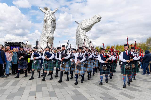 Wallacestone and District Pipe Band, Camelon and District Pipe Band and Falkirk Schools Pipe Band play at Kelpies 10. Pic: Mark Ferguson