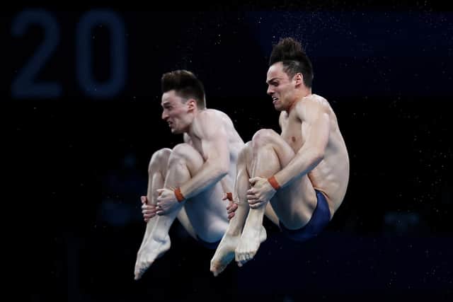 Tom Daley and Matty Lee compete during the Men's Synchronised 10m Platform Final. Picture: Al Bello/Getty Images