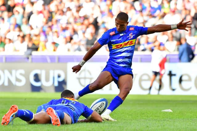 Glasgow Warriors will aim to make life uncomfortable for Stormers stand-off Manie Libbok at Scotstoun in the URC quarter-finals. (Photo by Grant Pitcher/Gallo Images/Getty Images)