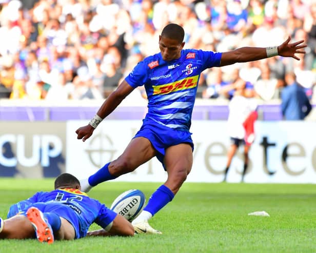 Glasgow Warriors will aim to make life uncomfortable for Stormers stand-off Manie Libbok at Scotstoun in the URC quarter-finals. (Photo by Grant Pitcher/Gallo Images/Getty Images)