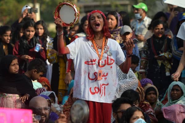 People take part in the 'Aurat March' or women's march, an annual socio-political demonstration held to observe International Women's Day, in Karachi, Pakistan.