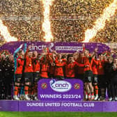 Dundee United lift the cinch Championship 2023/24 trophy following the 4-1 win over Partick Thistle at Tannadice. (Photo by Paul Devlin / SNS Group)