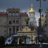 The belltower of Saint Sophia Cathedral shines in central Kyiv. Picture: Daniel Leal/AFP via Getty Images