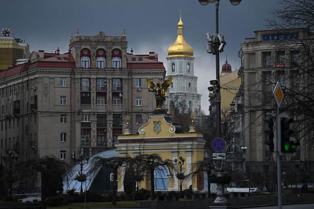 The belltower of Saint Sophia Cathedral shines in central Kyiv. Picture: Daniel Leal/AFP via Getty Images