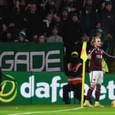 Hearts Barrie McKay was struggling to take corner kicks due to objects being thrown from Celtic fans. (Photo by Craig Foy / SNS Group)