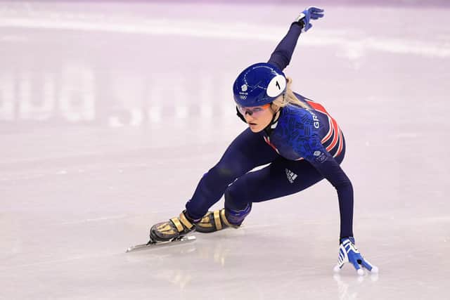 Elise Christie in action at the 2018 Winter Olympic Games in South Korea (Photo credit should read ROBERTO SCHMIDT/AFP via Getty Images)