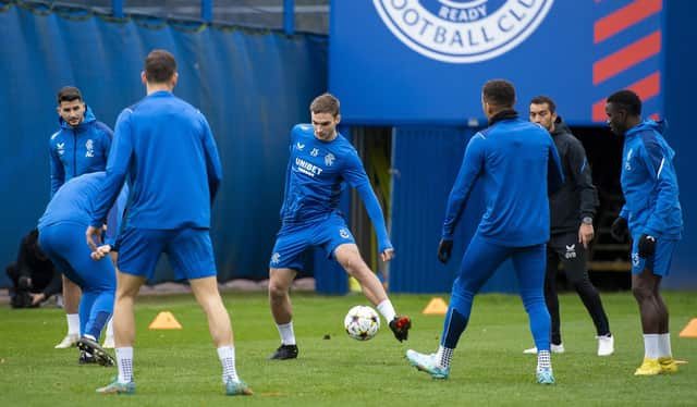 James Sands and his Rangers team-mates prepare to face Ajax at Ibrox.